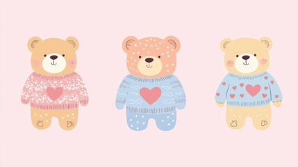 Valentine-themed teddy bears wearing sweaters with heart patterns, different poses, pastel color palette, clean cut-out style