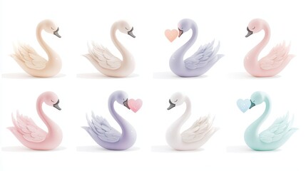 Obraz premium Collection of minimalist swans in soft pastel shades, each holding a glowing heart in their beaks, isolated on a clean white background