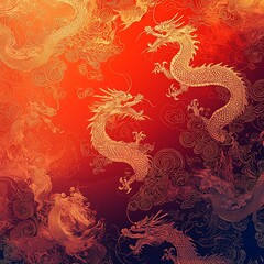 Fototapeta premium Golden Dragons Dancing, Red Background, Asian Art, Festive Design
