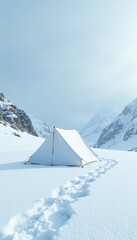 Snowy landscape with a simple white tent on a vast white background, isolated, wilderness, calm