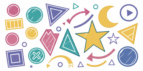 Colorful Hand-Drawn Geometric Shapes Set, Crayon Texture, Vector Illustration