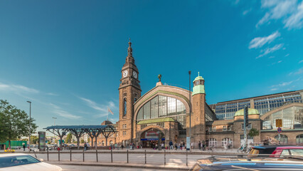 Fototapeta premium Entrance to Hamburg Hauptbahnhof timelapse hyperlapse, the main railway station, Germany.