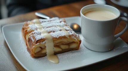 A Dish of Apfelstrudel, Traditional Austrian Apple Pastry with Vanilla Sauce