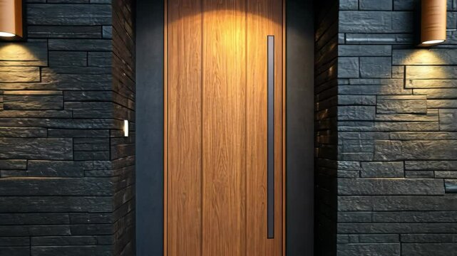 Modern minimalist style home entrance with wooden front door and black brick wall.