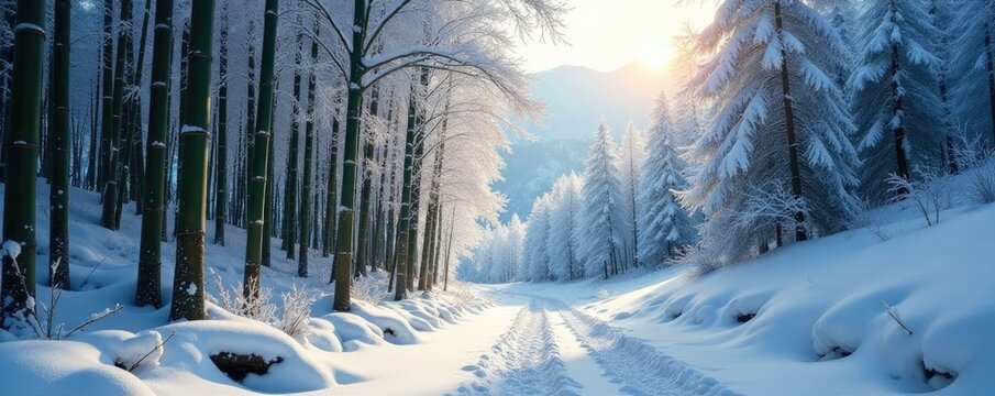 Snowy forest with riziere de montagne in Yunnan, bamboo, yunnan, snow