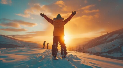 Fototapeta premium A person stands with arms raised in celebration as the sun sets against a snowy hillside. Two others are visible enjoying the winter scenery in the background, with a vibrant sky.