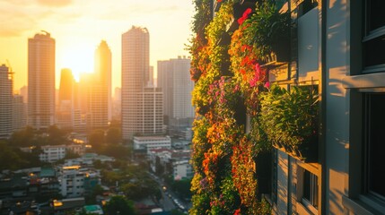 Vibrant Vertical Garden with Cityscape at Sunset in Urban Setting
