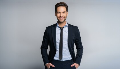 Fototapeta premium Image of happy brunette man wearing formal clothes smiling at camera with hands in pockets