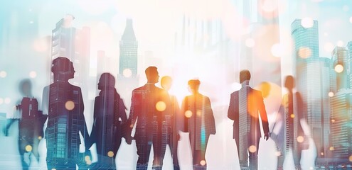 Double exposure of a diverse group of business professionals with a light blue cityscape backdrop. Abstract business concept blending urban environment with people, with soft light rays and shadow