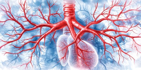 A vibrant illustration of a respiratory system showcasing red bronchial tubes and lungs against a soft blue background.