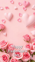 Fototapeta premium Happy Valentine Day with pink roses and heart shapes creating romantic atmosphere