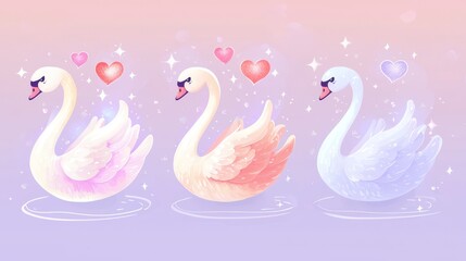 Set of cartoon-style Valentines swans with heart motifs and glowing pastel colors, perfect for cute and romantic designs