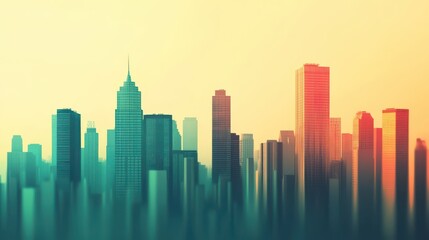 Obraz premium A vibrant city skyline at sunset, showcasing tall buildings with a gradient of colors, creating a visually striking urban landscape.