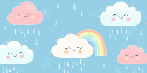 Cute cartoon clouds with raindrops and rainbow on blue background illustrating weather concept
