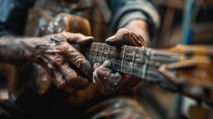 The worn, skilled hands of a guitar maker holding a half-finished guitar neck, embodying years of experience