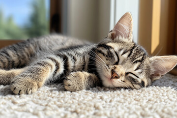 Tabby kitten napping on soft plush carpet with paws tucked under its body, sunlight filtering through windows, cozy peaceful cat rest in warm natural light