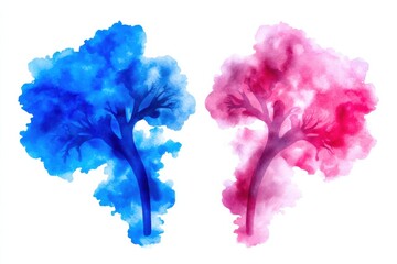 Fototapeta premium A vibrant watercolor illustration of two trees, one blue and one pink, showcasing a blend of colors and artistic flair.