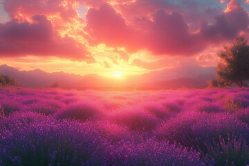 Wonderful nature landscape, amazing sunset scenery with blooming lavender flowers. Moody sky, pastel colors on bright landscape view. Floral panoramic meadow nature in lines with trees and horizon