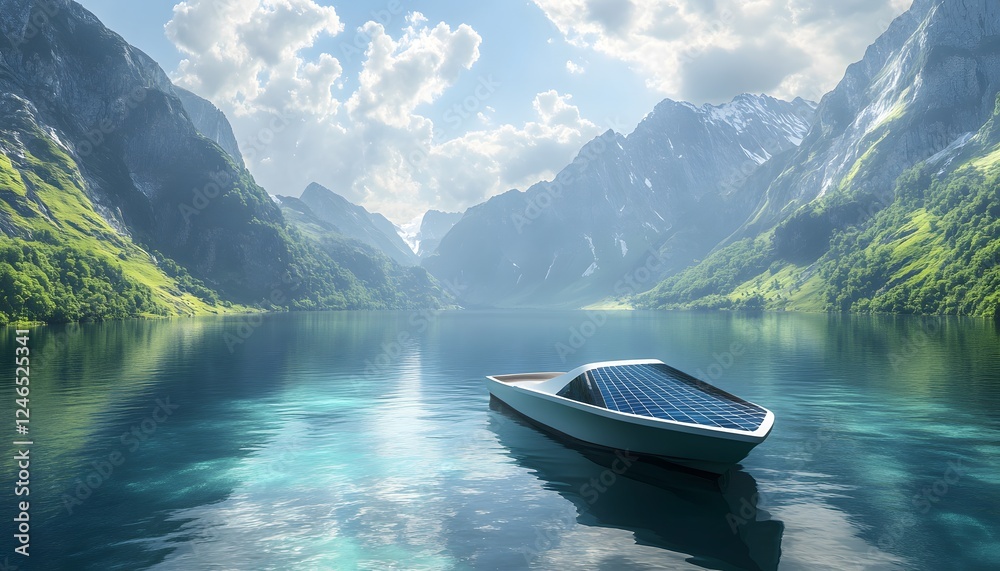 Poster scenic view of a solar-powered boat on a tranquil lake surrounded by majestic mountains and lush gre