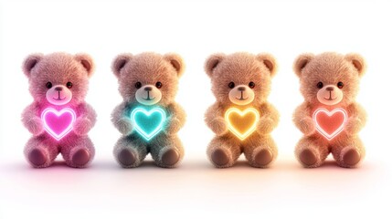 Set of cute teddy bears holding glowing neon hearts, vibrant tones, modern digital style, isolated white background