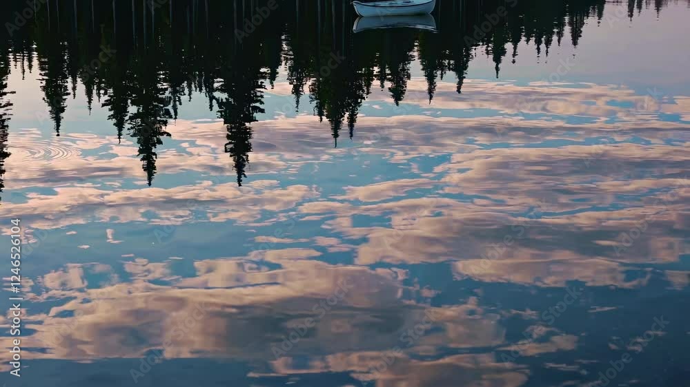 Poster Reflections of trees and clouds on calm water at a serene lake during evening hours