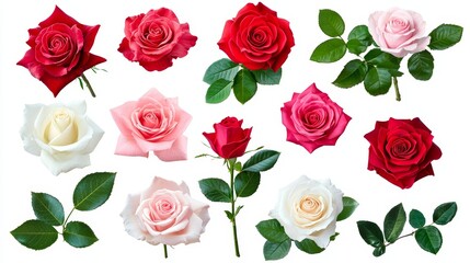 Set of assorted roses in vibrant red, pink, and white hues, arranged beautifully with fresh green leaves, cut out and isolated on a white background