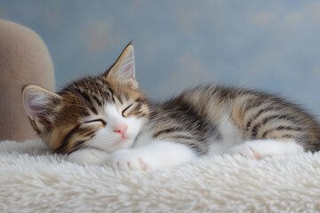 Fototapeta premium Tiny tabby kitten with a white belly sleeping soundly on plush carpet, cozy armchair in the background, evoking warmth, comfort, and homely ambiance