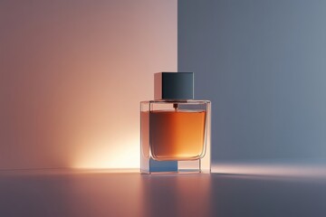 A sleek, minimalist perfume bottle with clean lines, showcased on a white-to-gray gradient background, illuminated with soft lighting.