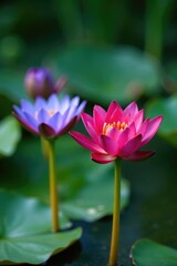 Obraz premium Blue and red water lily flowers in the pond with yellow green stem, green, red