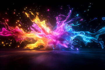 Colorful Ember Eruption - A vibrant explosion of neon embers and flames in electric pinks, yellows, and blues, radiating dynamic energy and warmth with intense colors