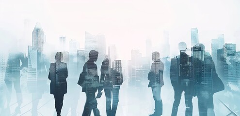 Double exposure of a diverse group of business professionals with a light blue cityscape backdrop. Abstract business concept blending urban environment with people, with soft light rays and shadow