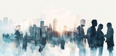 Double exposure of a diverse group of business professionals with a light blue cityscape backdrop. Abstract business concept blending urban environment with people, with soft light rays and shadow