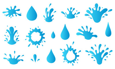 Water drops and splash silhouette set. Blue different liquid shapes collection isolated on white background. Flat style. Vector illustration.