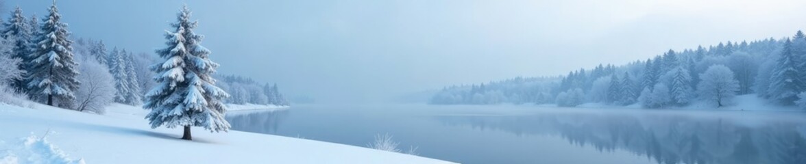 Snowy lake with a single snow-covered tree in front, frosty atmosphere, frosty forest