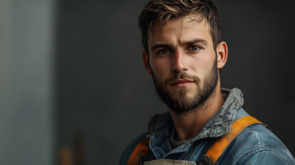 Mechanic in Uniform Standing Against Solid Background with Space for Text