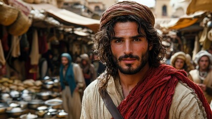 Obraz premium Man with long hair in a bustling marketplace