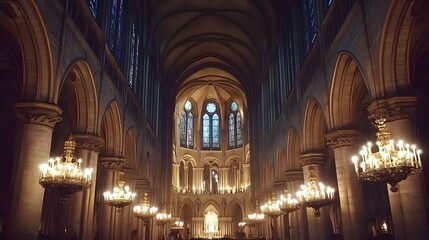 Obraz premium Stunning view of the interior ceiling and walls of Notre Dame Cathedral 
