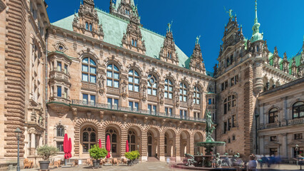 Hyperlapse of Hamburg City Hall with Hygieia Fountain in the courtyard near market square and Binnenalster, Germany