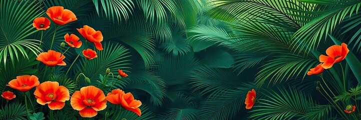 Lush Tropical Paradise Vibrant Orange Poppies Amidst Palm Fronds