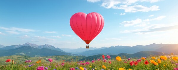 Heart-shaped hot air balloon floating above a lush valley filled with vibrant flowers.