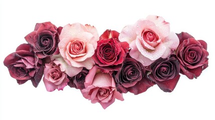 Obraz premium Romantic set of freshly cut red and pink roses with dewdrops on their petals, arranged in a heart shape, isolated on a pure white background