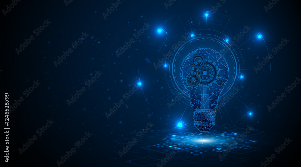 Aufkleber Electric light bulb or creative light bulb with gears or cogs on the front. Ideas for solving innovative problems in digital technology
