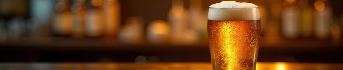 Golden beer, glistening in glass, bar lights bokeh , golden, backdrop