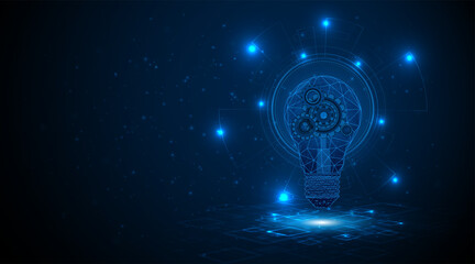 Electric light bulb or creative light bulb with gears or cogs on the front. Ideas for solving innovative problems in digital technology
