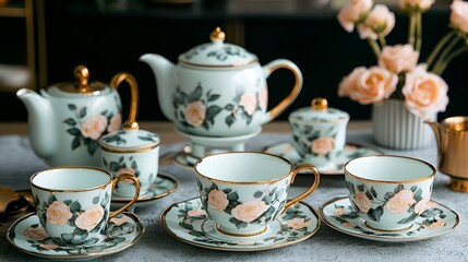 Fototapeta premium Floral tea set on table, roses in vase background, afternoon tea