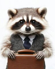 Obraz premium A raccoon dressed in a business suit holding a briefcase, set against a neutral background, symbolizing professionalism
