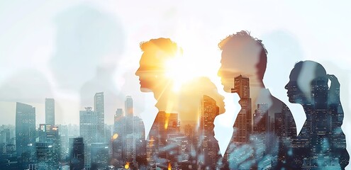 Double exposure of a diverse group of business professionals with a light blue cityscape backdrop. Abstract business concept blending urban environment with people, with soft light rays and shadow