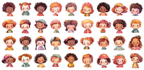 Collection of watercolor happy cartoon kids faces clipart, smiling children faces, boys and girls portrait, isolated characters