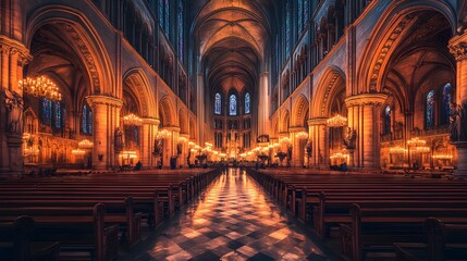 Stunning view of the interior ceiling and walls of Notre Dame Cathedral 
