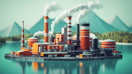 Obraz premium vibrant industrial complex with smokestacks and water